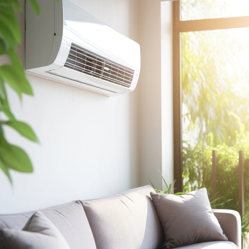 Climatiseur mural blanc moderne installé au-dessus d'un canapé gris clair, baigné de lumière naturelle provenant d'une grande fenêtre donnant sur la verdure.