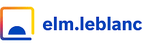 Logo elm.leblanc : un carré aux bords arrondis avec un dégradé orange-jaune, contenant une forme bleue semi-circulaire.